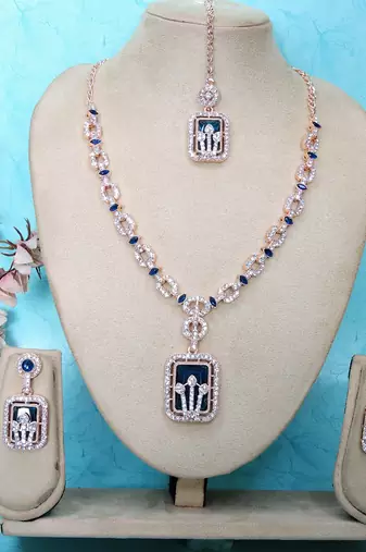 Blue rose gold premium designer american diamond and stone work necklace set