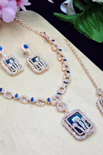 Blue rose gold premium designer american diamond and stone work necklace set