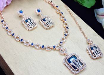 Blue rose gold premium designer american diamond and stone work necklace set 3