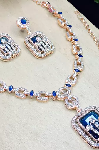 Blue rose gold premium designer american diamond and stone work necklace set