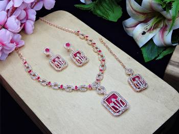 Pink rose gold premium designer american diamond and stone work necklace set 2