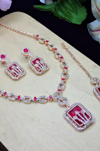 Pink rose gold premium designer american diamond and stone work necklace set