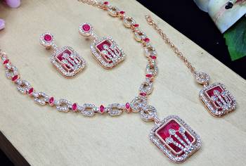 Pink rose gold premium designer american diamond and stone work necklace set 3