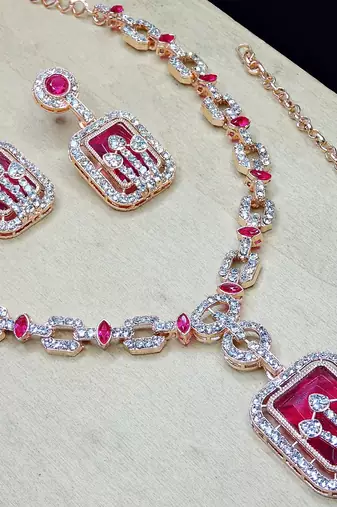 Pink rose gold premium designer american diamond and stone work necklace set