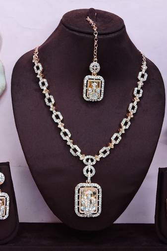 White rose gold premium designer american diamond and stone work necklace set
