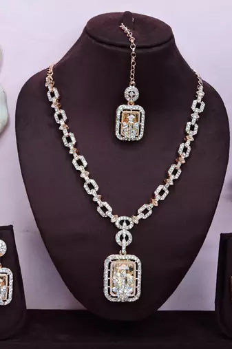 White rose gold premium designer american diamond and stone work necklace set