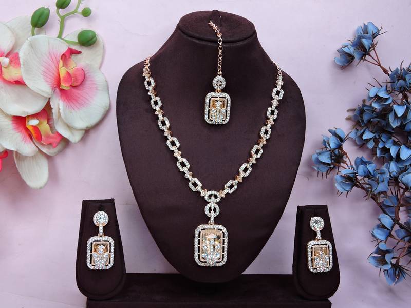 White rose gold premium designer american diamond and stone work necklace set