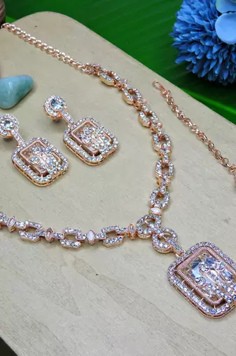 White rose gold premium designer american diamond and stone work necklace set
