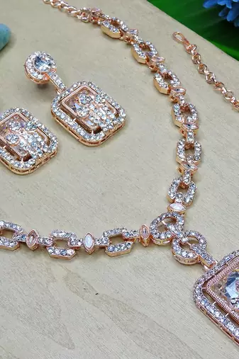 White rose gold premium designer american diamond and stone work necklace set