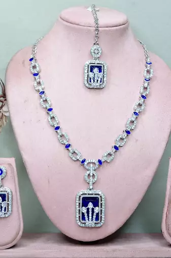 Blue rhodium premium designer american diamond and stone work necklace set