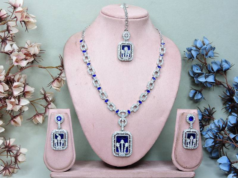 Blue rhodium premium designer american diamond and stone work necklace set