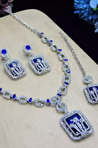 Blue rhodium premium designer american diamond and stone work necklace set