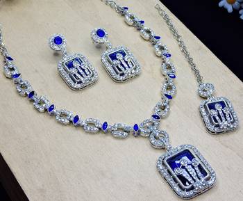 Blue rhodium premium designer american diamond and stone work necklace set 3