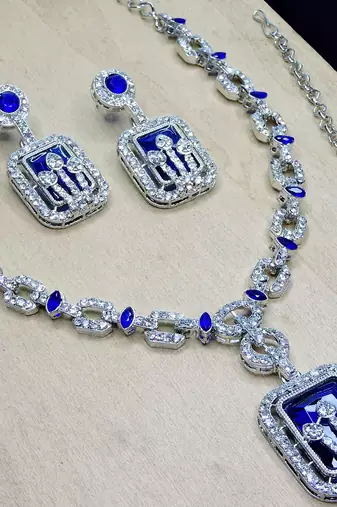 Blue rhodium premium designer american diamond and stone work necklace set
