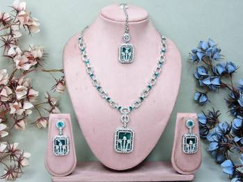 Green rhodium premium designer american diamond and stone work necklace set 1