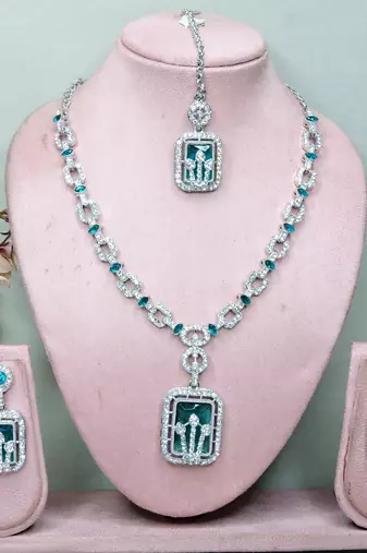 Green rhodium premium designer american diamond and stone work necklace set