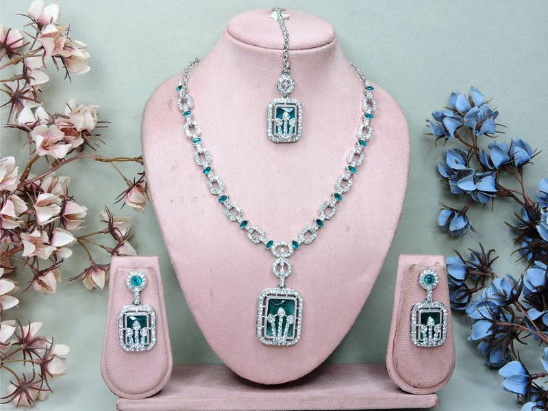 Green rhodium premium designer american diamond and stone work necklace set