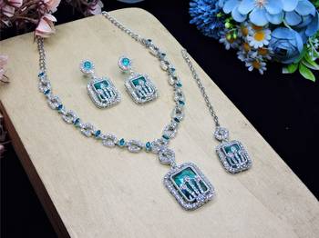 Green rhodium premium designer american diamond and stone work necklace set 2