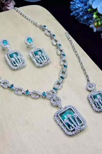 Green rhodium premium designer american diamond and stone work necklace set