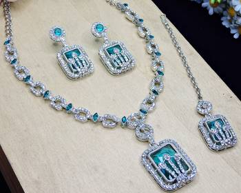 Green rhodium premium designer american diamond and stone work necklace set 3