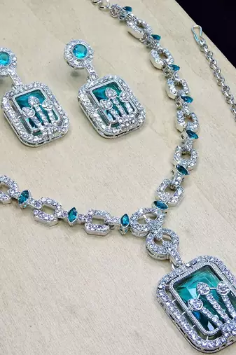 Green rhodium premium designer american diamond and stone work necklace set