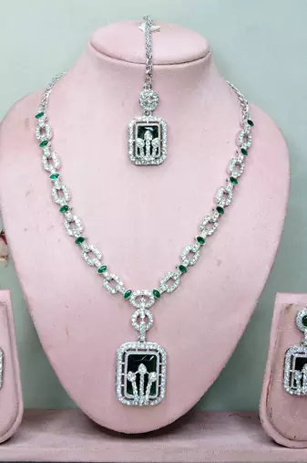 Green rhodium premium designer american diamond and stone work necklace set