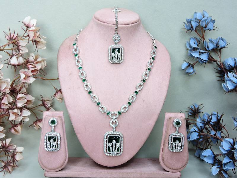 Green rhodium premium designer american diamond and stone work necklace set