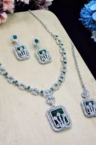 Green rhodium premium designer american diamond and stone work necklace set