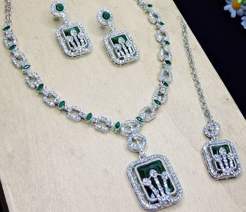 Green rhodium premium designer american diamond and stone work necklace set 3