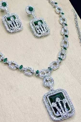 Green rhodium premium designer american diamond and stone work necklace set