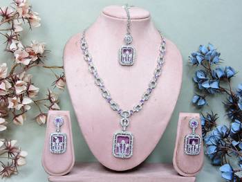 Purple rhodium premium designer american diamond and stone work necklace set 1