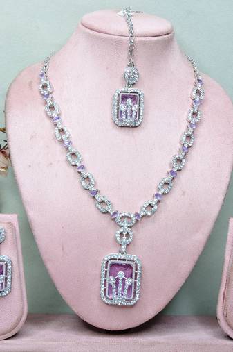 Purple rhodium premium designer american diamond and stone work necklace set