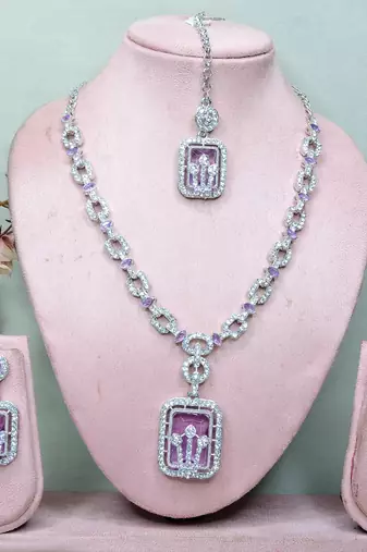Purple rhodium premium designer american diamond and stone work necklace set