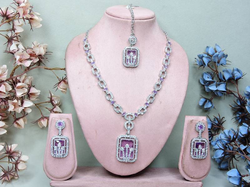 Purple rhodium premium designer american diamond and stone work necklace set