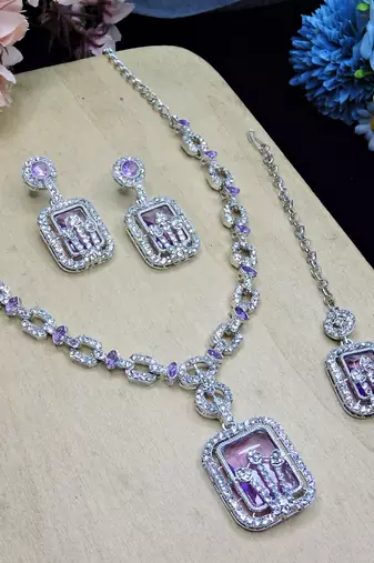 Purple rhodium premium designer american diamond and stone work necklace set
