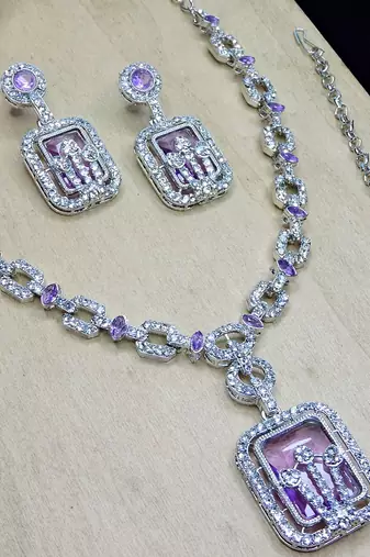 Purple rhodium premium designer american diamond and stone work necklace set