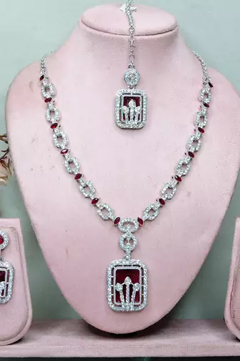 Maroon rhodium premium designer american diamond and stone work necklace set