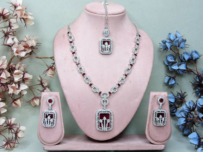 Maroon rhodium premium designer american diamond and stone work necklace set