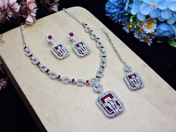 Maroon rhodium premium designer american diamond and stone work necklace set 2