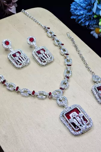 Maroon rhodium premium designer american diamond and stone work necklace set