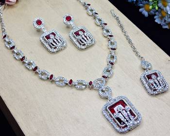 Maroon rhodium premium designer american diamond and stone work necklace set 3