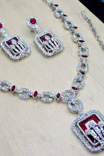Maroon rhodium premium designer american diamond and stone work necklace set