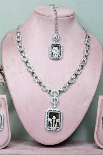 Green rhodium premium designer american diamond and stone work necklace set