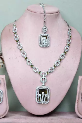 Green rhodium premium designer american diamond and stone work necklace set