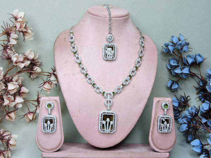 Green rhodium premium designer american diamond and stone work necklace set