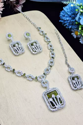 Green rhodium premium designer american diamond and stone work necklace set