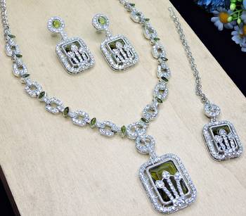 Green rhodium premium designer american diamond and stone work necklace set 3