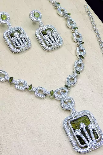 Green rhodium premium designer american diamond and stone work necklace set