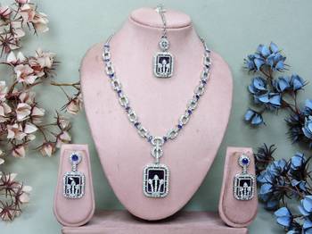Blue rhodium premium designer american diamond and stone work necklace set 1