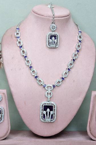 Blue rhodium premium designer american diamond and stone work necklace set